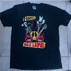 Black Graphic T-Shirt with Skeleton and Flame Design